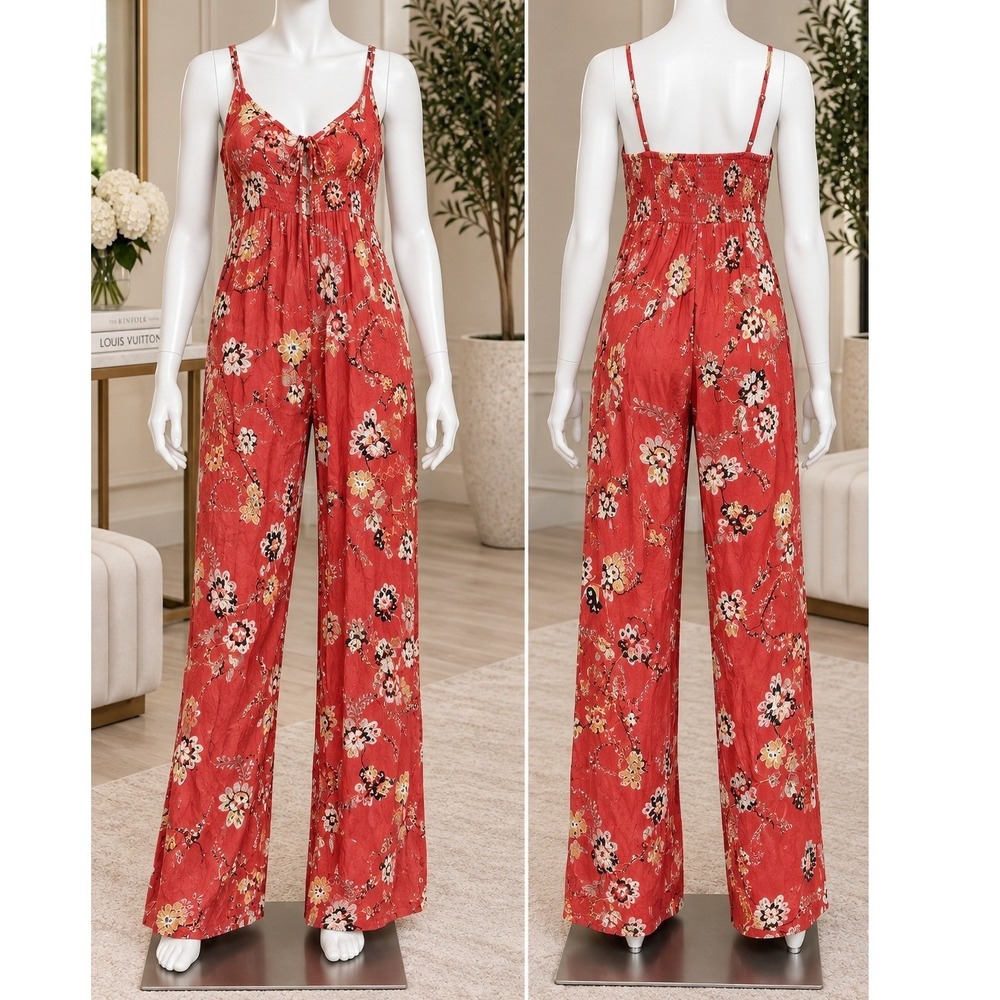 Jase Women Jumpsuit Red Floral Wide Leg Adjustable Straps Size Small